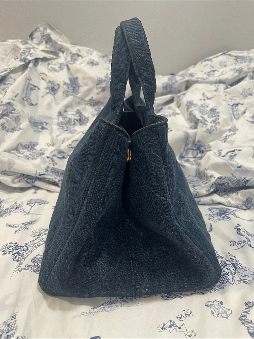 Prada Dark Denim Canapa Tote Bag Large with Strap